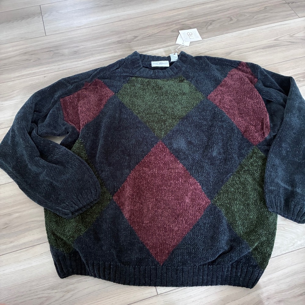 Modern Elements Mens XL Chenille Sweater Navy Argyle Diamond Knit Crewneck NWT